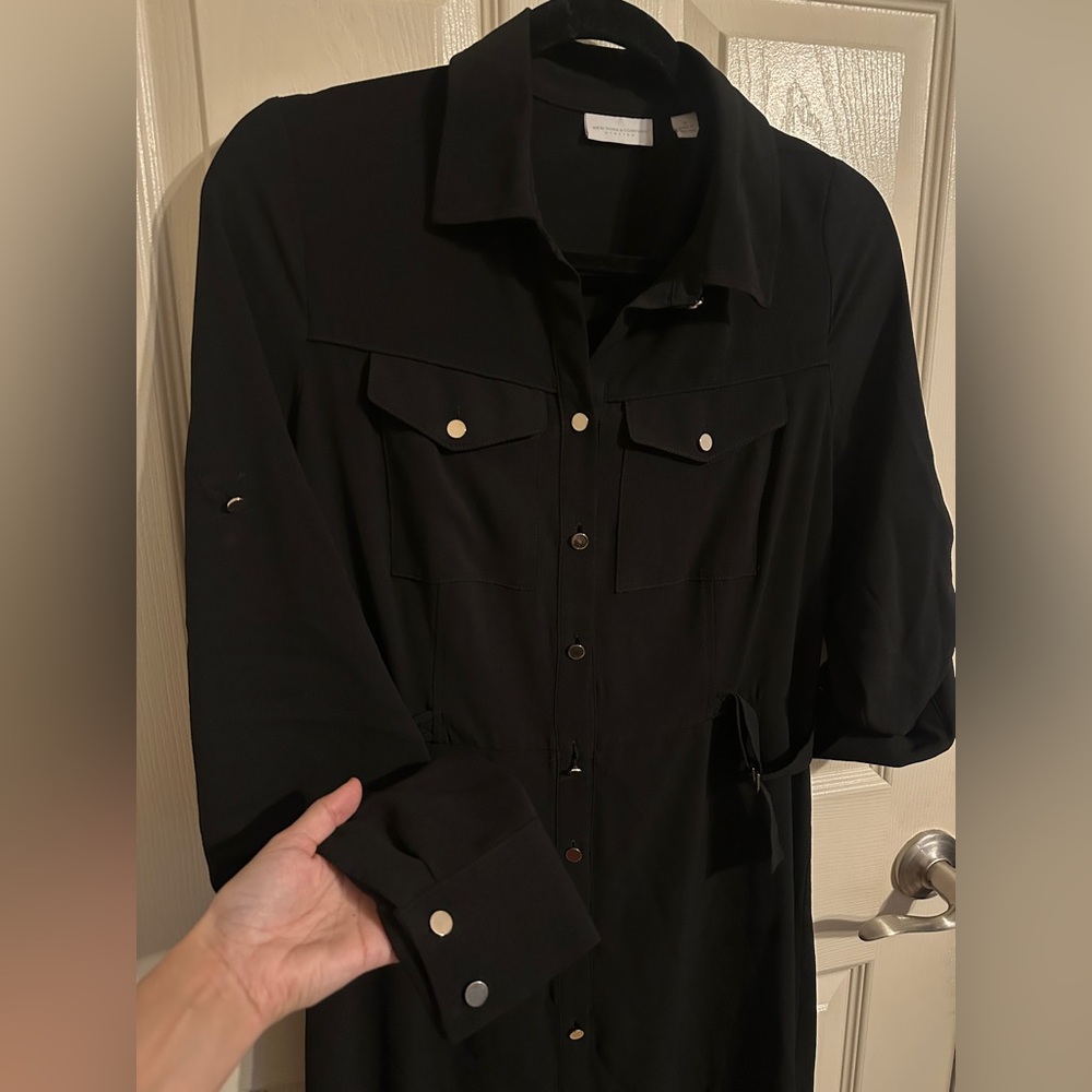 New York & Company Classic Button-Front Midi Shirt Dress w Buckle Waist, Black M - Picture 3 of 14